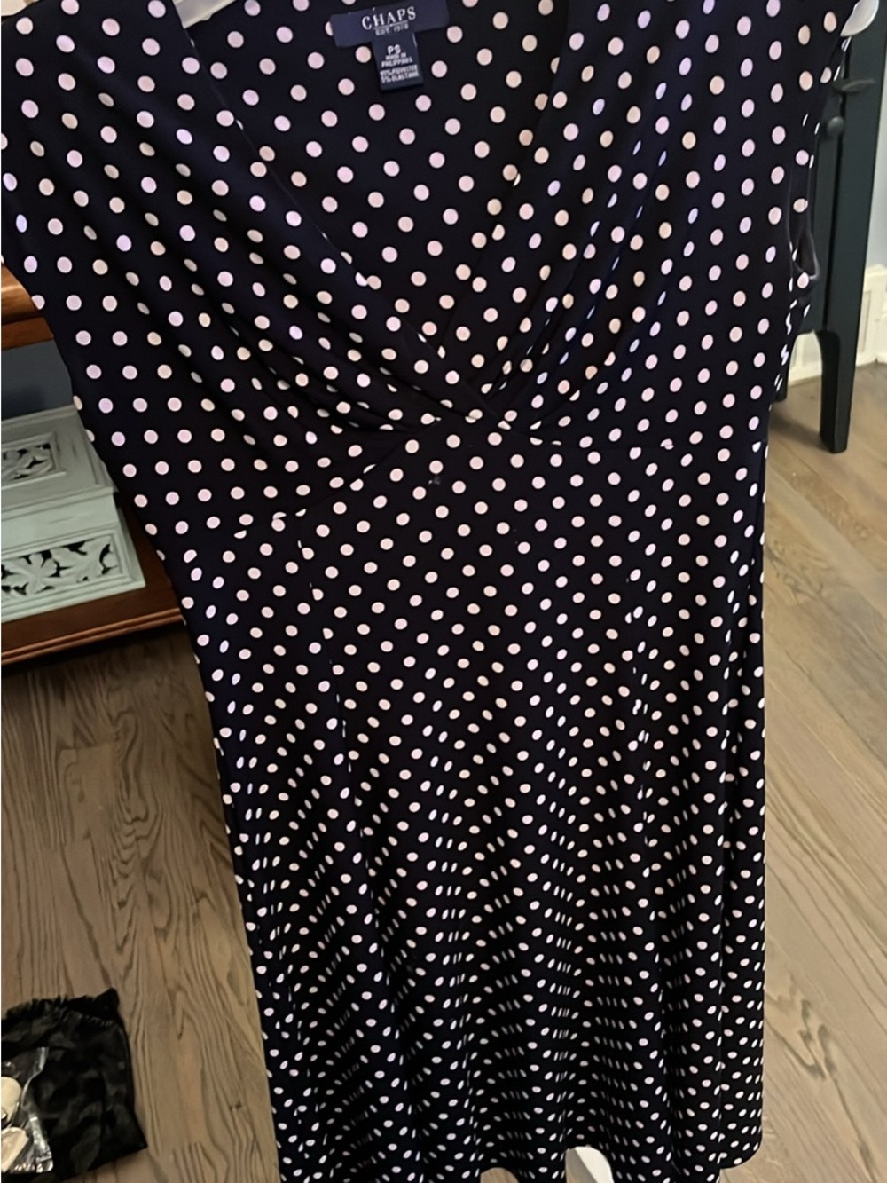 Chaps Black Dress with Pink Polka Dots